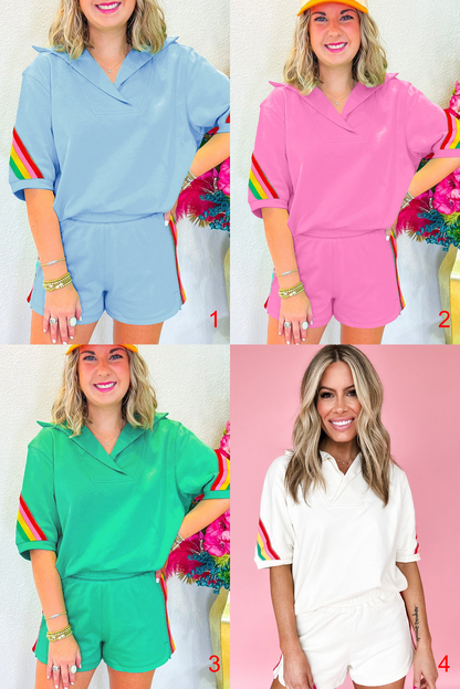Rainbow Colorblock Collared Top & Shorts Set