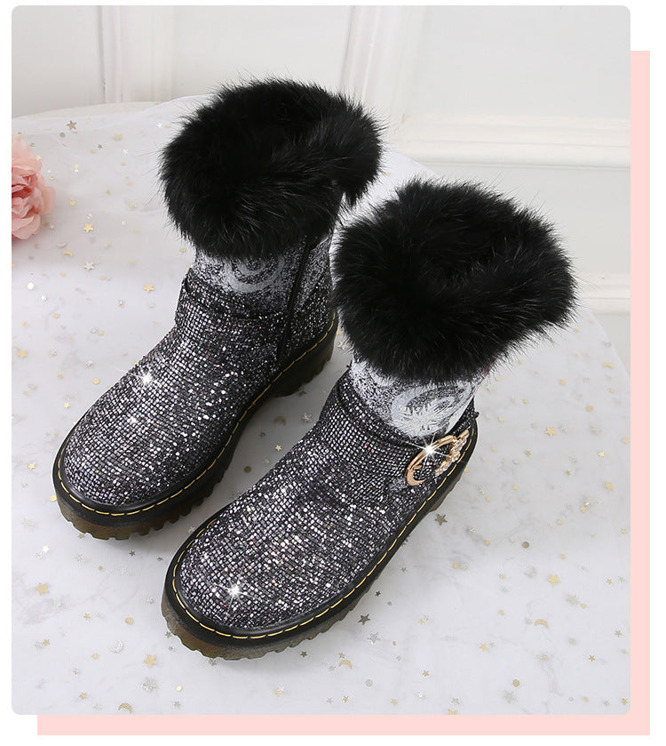 Girl Fairy Elsa Glitter Boots with Faux Fur Trim