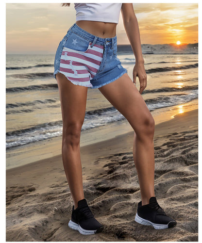 Star & Striped Pattern Denim Shorts