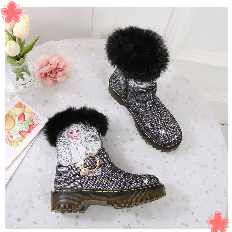 Girl Fairy Elsa Glitter Boots with Faux Fur Trim
