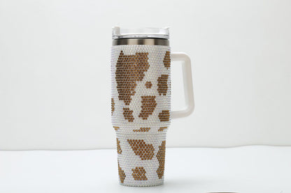 Rhinestone Cow Print 40oz Double Wall Stainless Steel Vacuum Tumbler With Handle