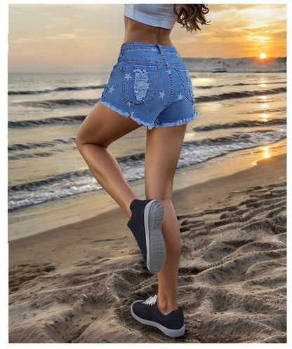Star & Striped Pattern Denim Shorts