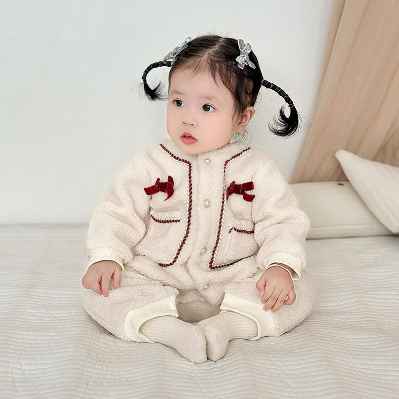Princess Baby Fleece Romper with Bow Tie Decor