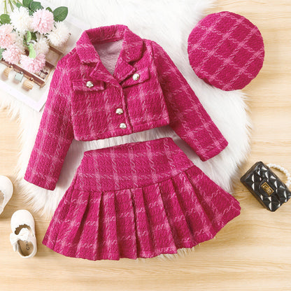 Girls Trendy Pink Tweed Jacket and Skirt Set