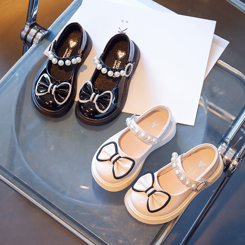 Bowtie Peal Leather Mary Jane Shoes for Girls