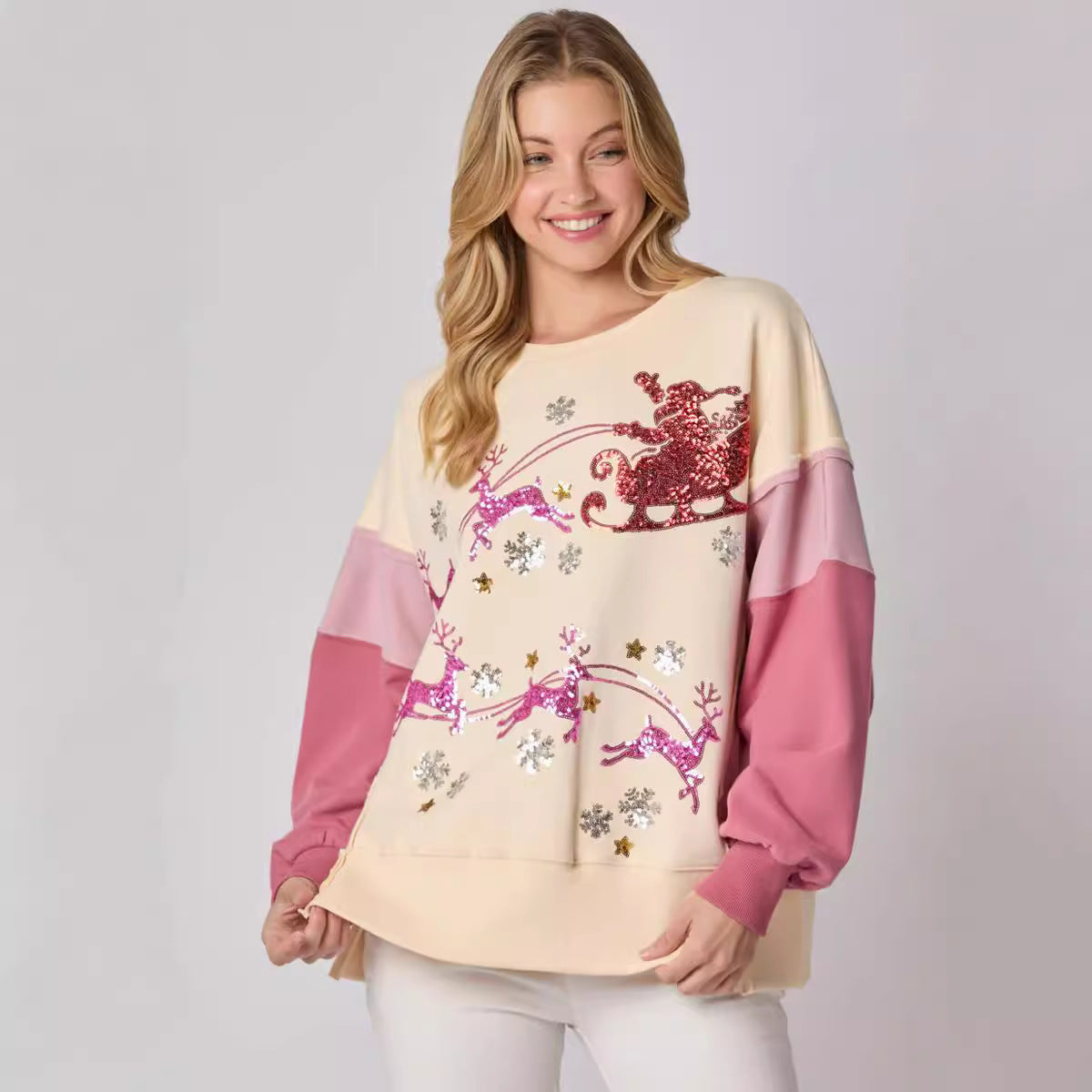 Santa Sleigh Pink Colorblock Top