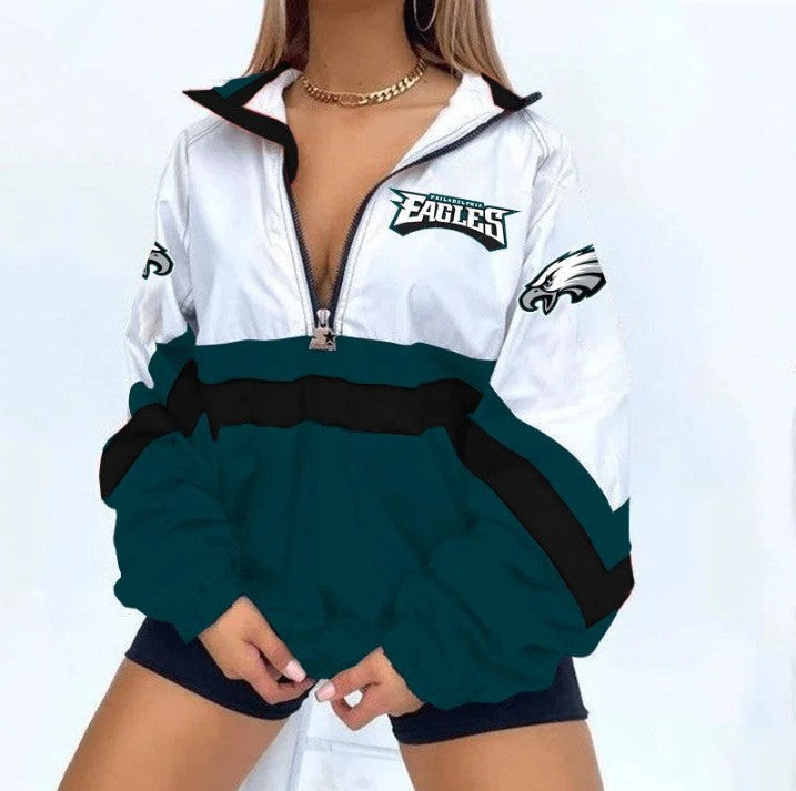 Women’s Football Print V-Neck Zipper Sweatshirt Jacket