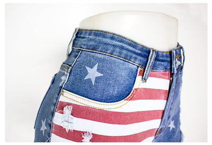 Star & Striped Pattern Denim Shorts