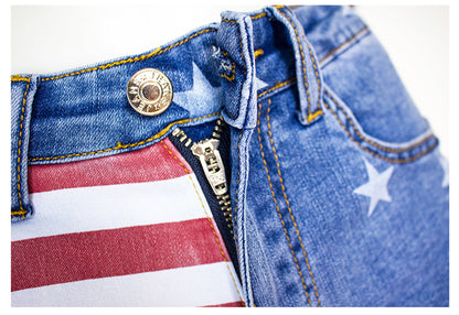 Star & Striped Pattern Denim Shorts