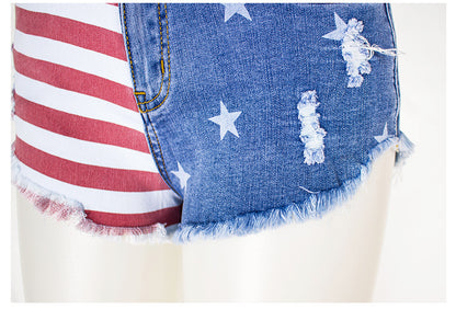 Star & Striped Pattern Denim Shorts
