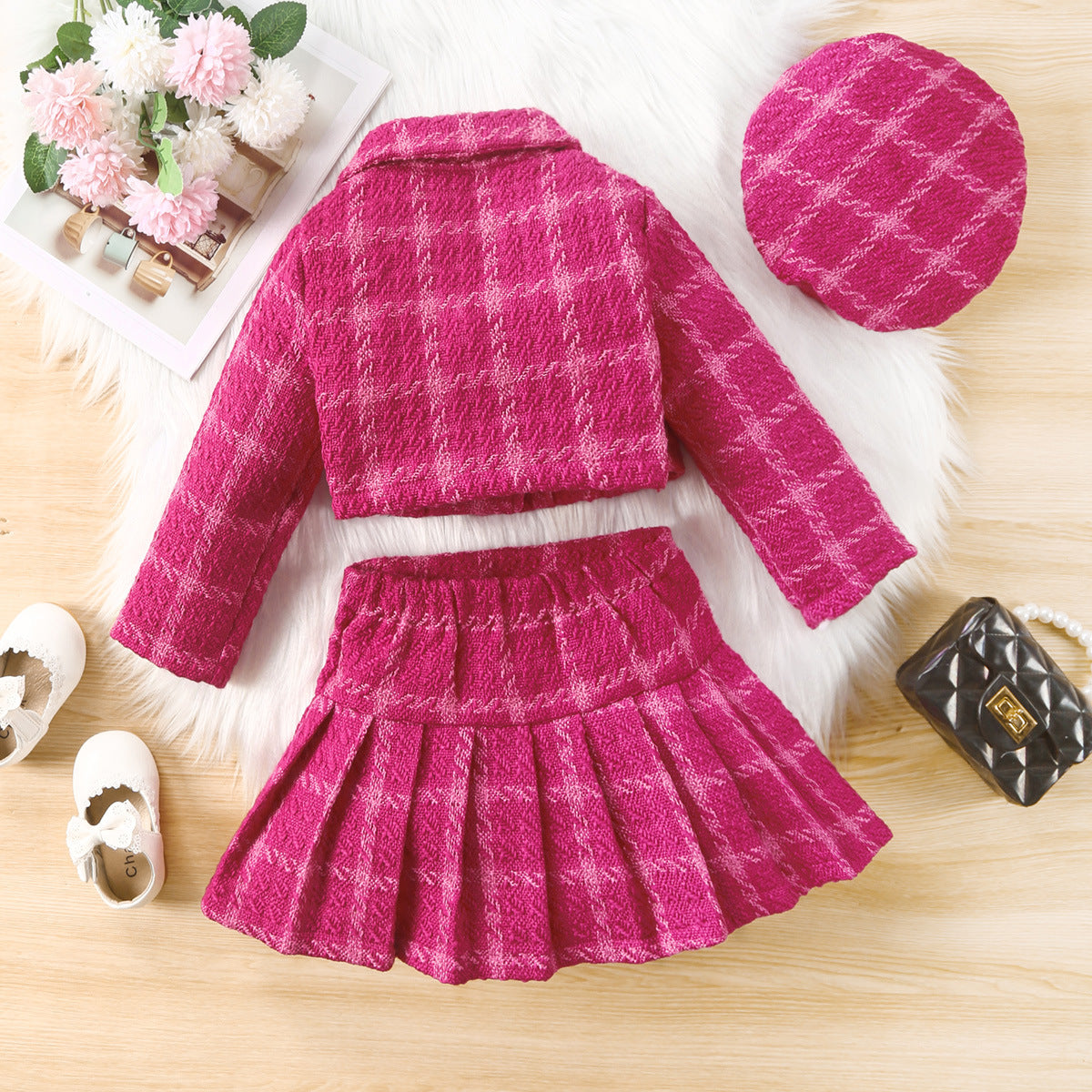 Girls Trendy Pink Tweed Jacket and Skirt Set