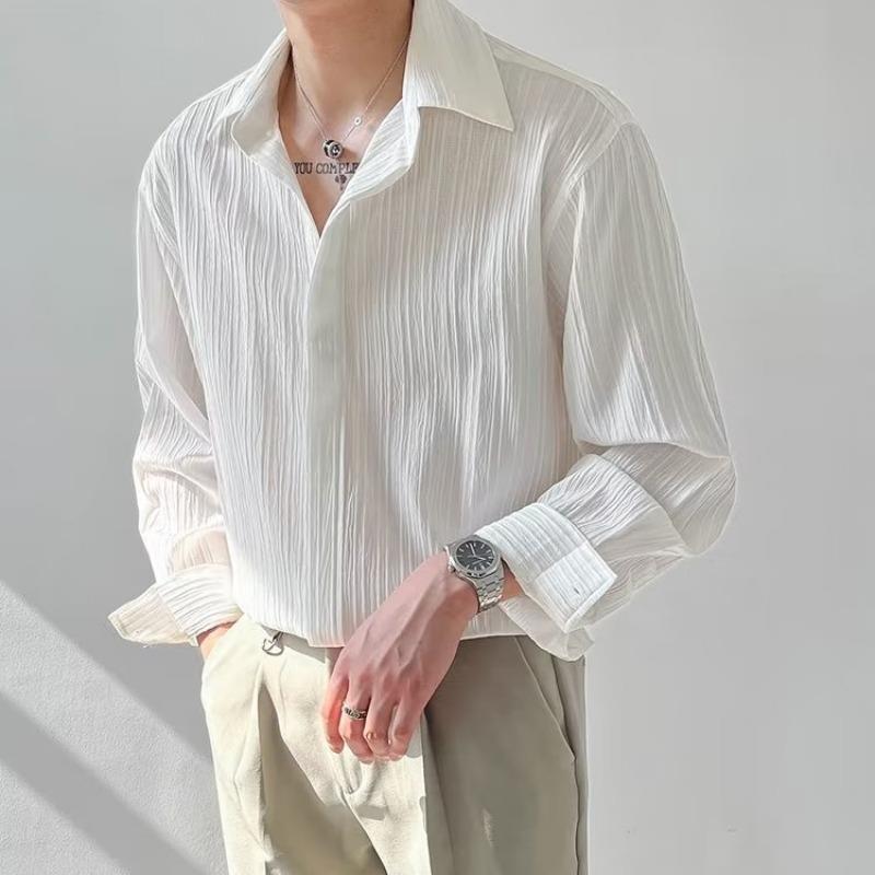Men Long-Sleeve Button-Up Ribbed Plain Shirt