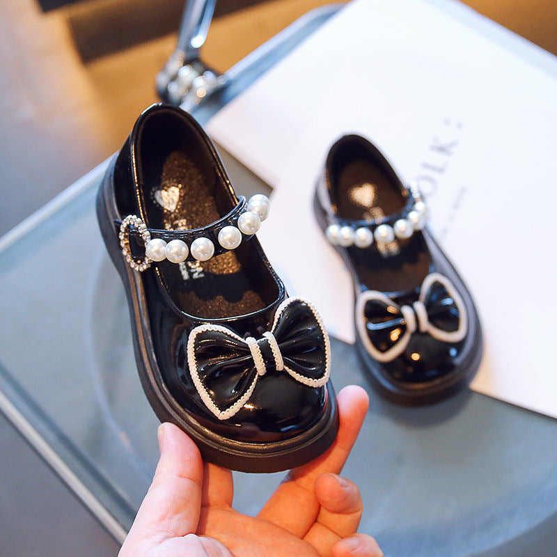 Bowtie Peal Leather Mary Jane Shoes for Girls