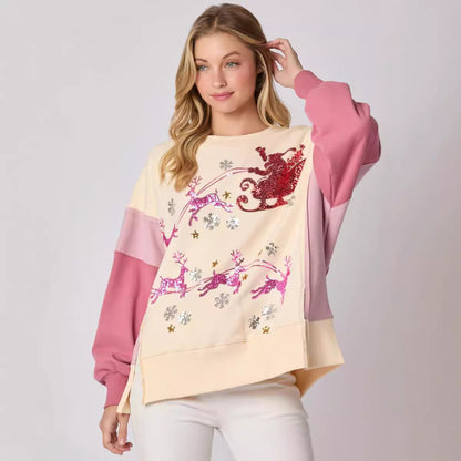 Santa Sleigh Pink Colorblock Top