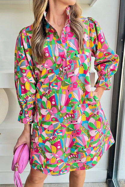 Abstract Lantern Sleeve Buttoned Mini Dress