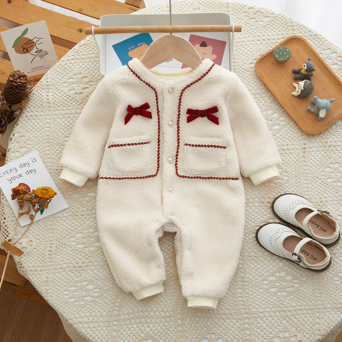 Princess Baby Fleece Romper with Bow Tie Decor