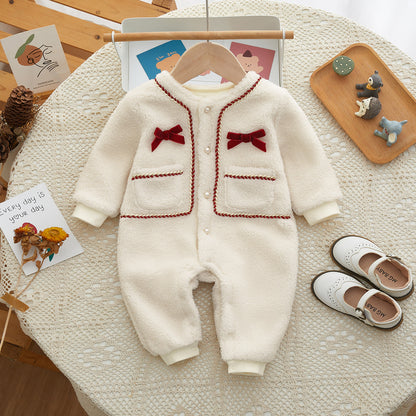 Princess Baby Fleece Romper with Bow Tie Decor