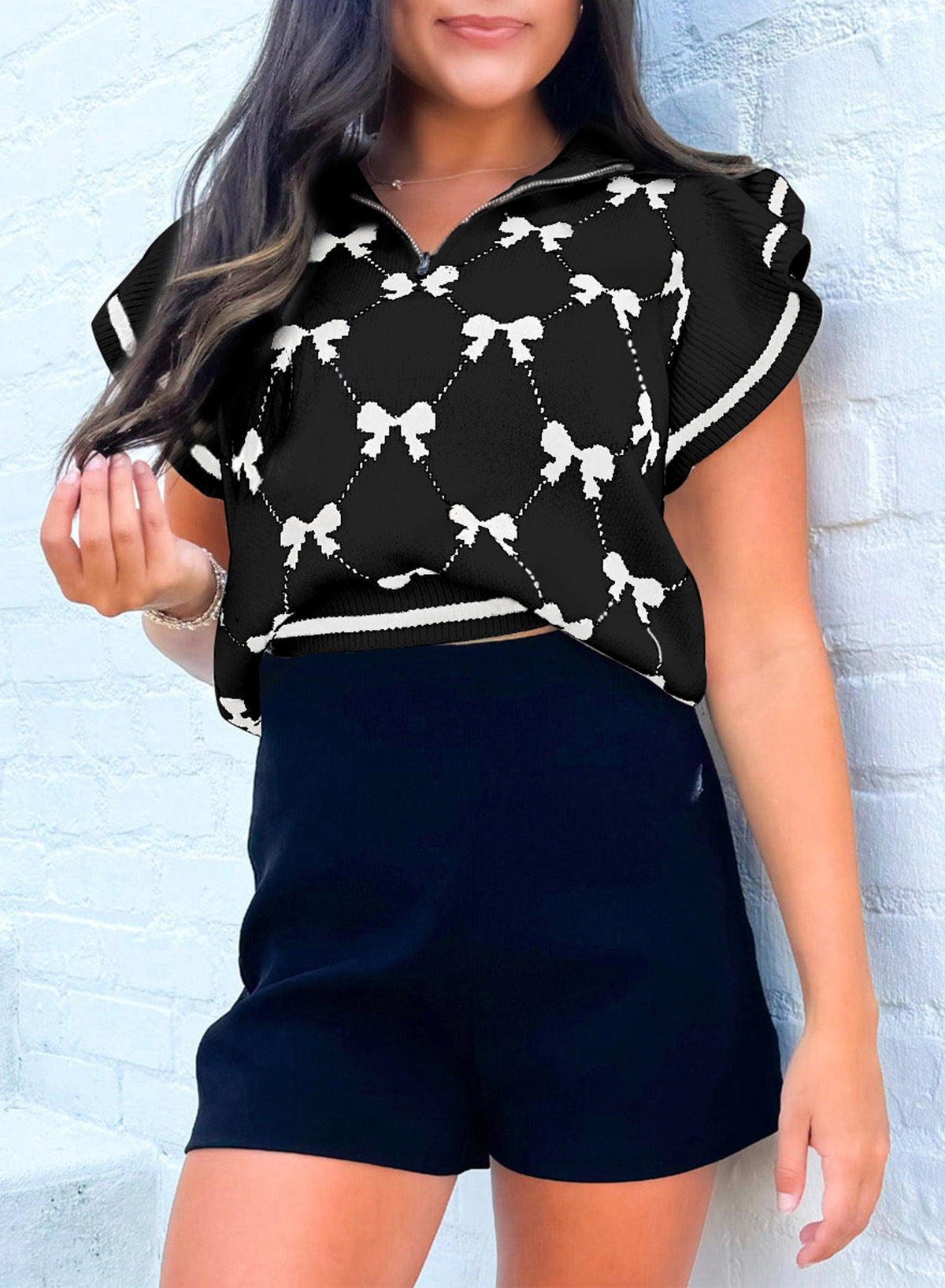 Bow Print Preppy 1/4 Zip Sweater