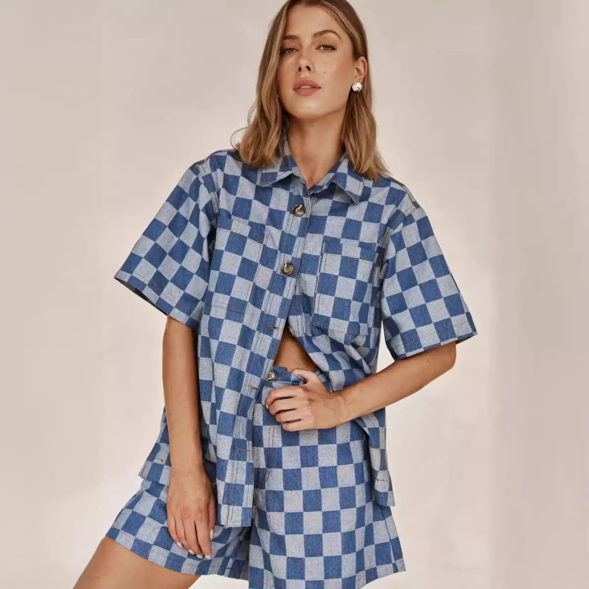 Checkered Button Up Half Sleeve Top And Shorts Set
