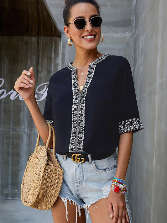 Double Take Embroidered Notched Neck Top