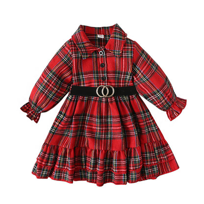 Red Plaid Dress with Belt for Little Girls