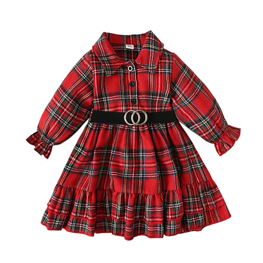 Red Plaid Dress with Belt for Little Girls