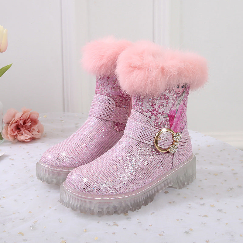 Girl Fairy Elsa Glitter Boots with Faux Fur Trim