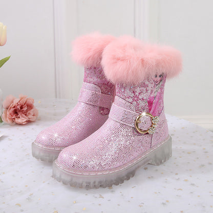 Girl Fairy Elsa Glitter Boots with Faux Fur Trim