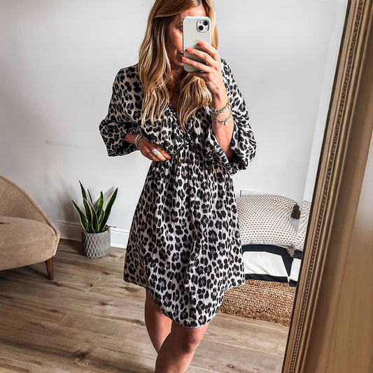 Leopard Print Elasticated V Neck Dress