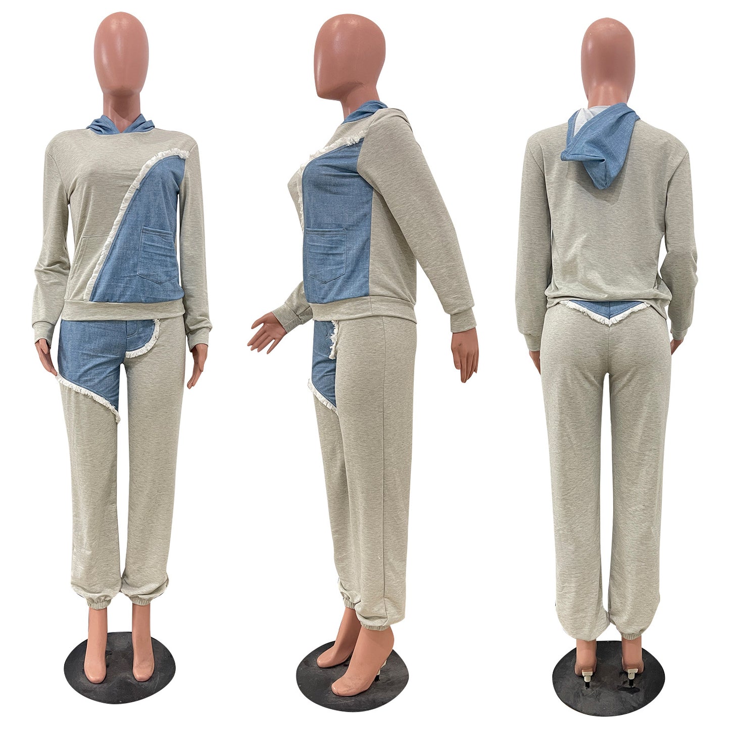 Denim Patch Pocket Design Hoodie & Pants Set