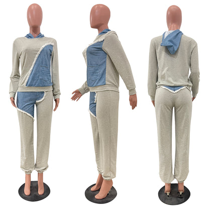 Denim Patch Pocket Design Hoodie & Pants Set