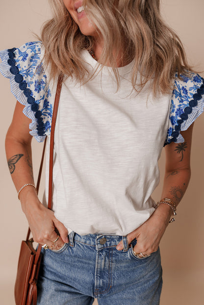 Ricrac Trim Printed Flutter Sleeve Top