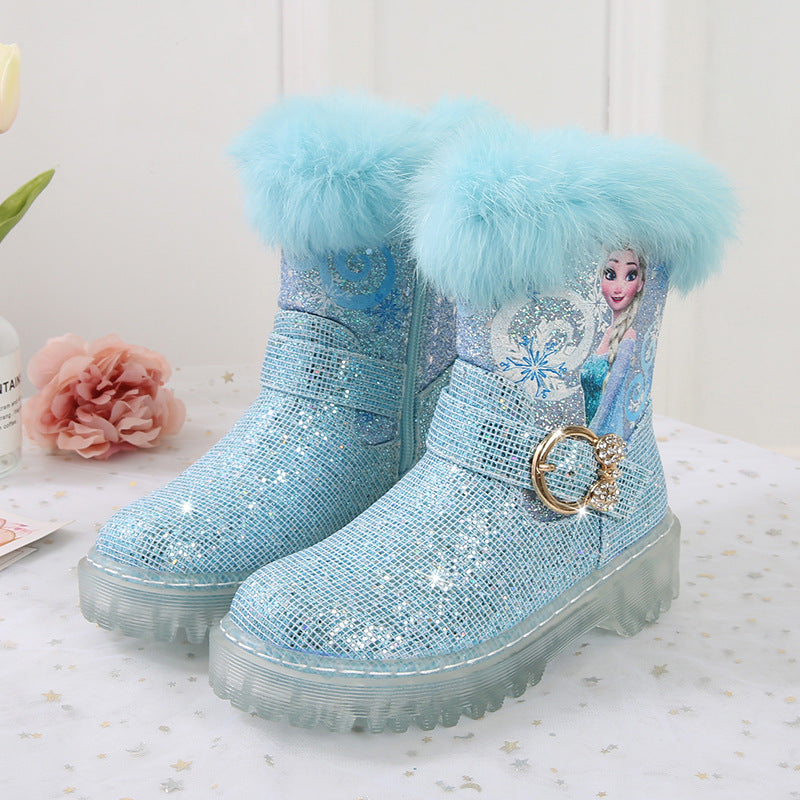 Girl Fairy Elsa Glitter Boots with Faux Fur Trim