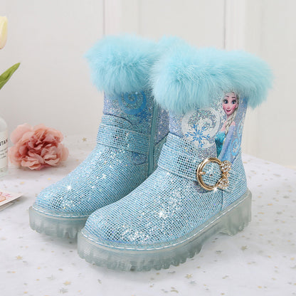 Girl Fairy Elsa Glitter Boots with Faux Fur Trim