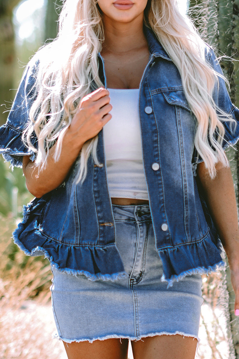 Ruffled Raw Hem Half Sleeve Denim Top