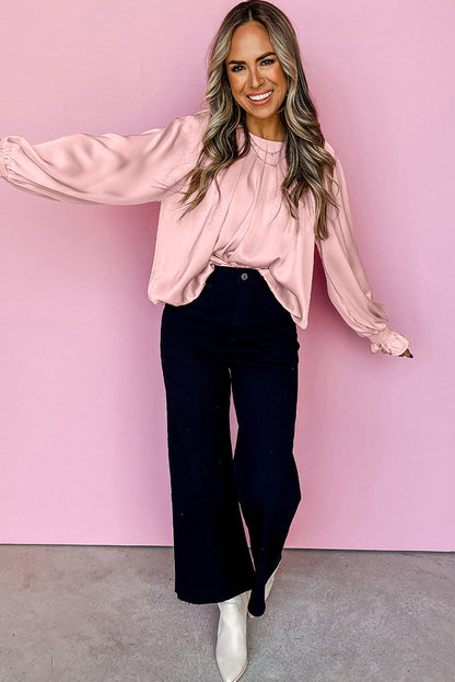 Satin Pleated Flounce Sleeve Blouse
