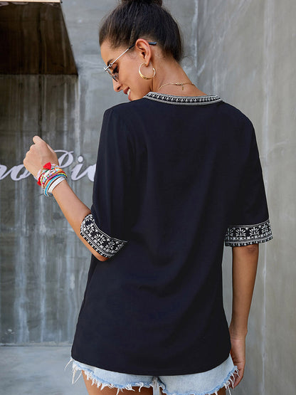 Double Take Embroidered Notched Neck Top