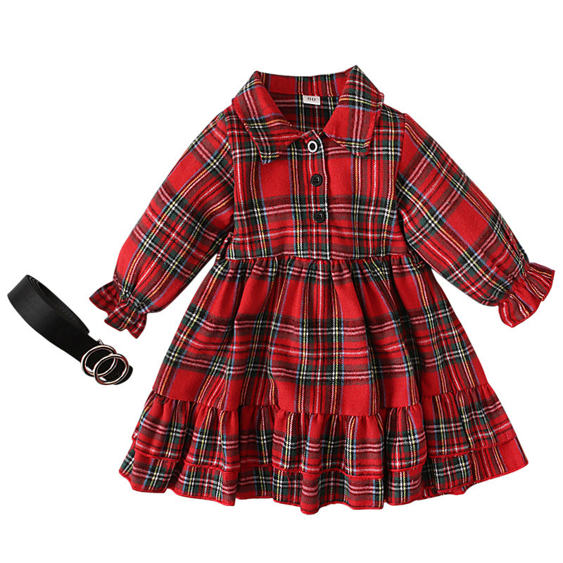 Red Plaid Dress with Belt for Little Girls