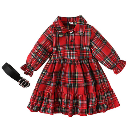 Red Plaid Dress with Belt for Little Girls