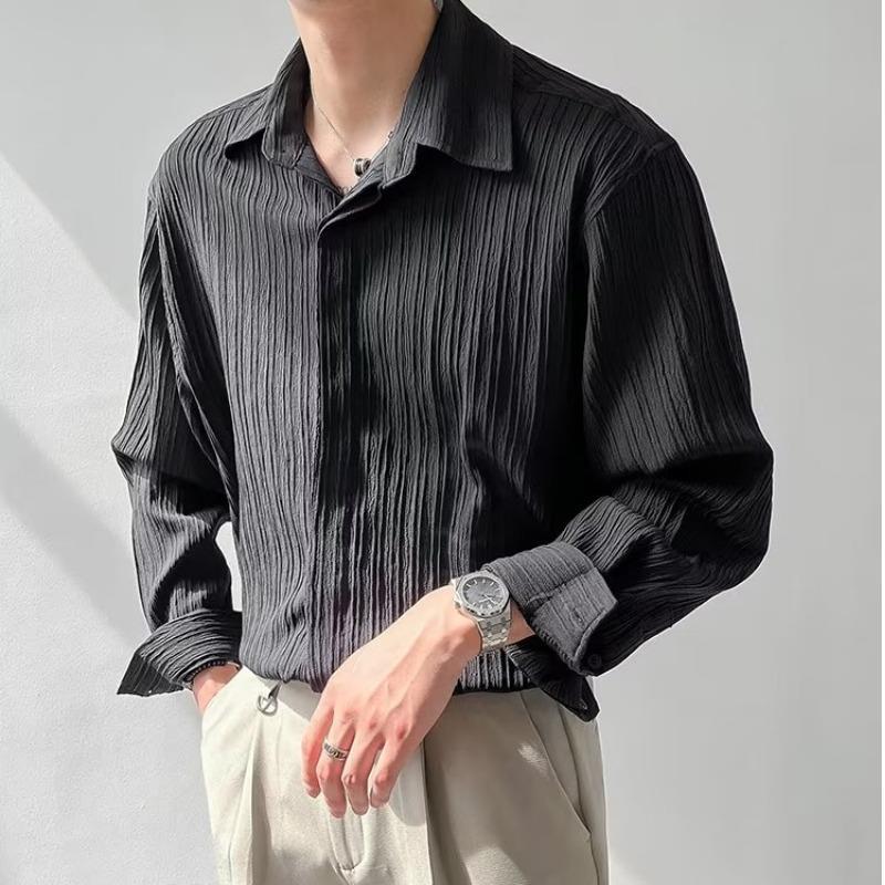 Men Long-Sleeve Button-Up Ribbed Plain Shirt