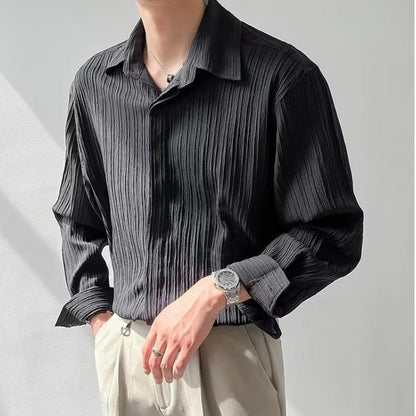 Men Long-Sleeve Button-Up Ribbed Plain Shirt