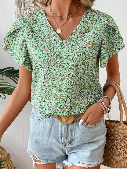V Neck Short Sleeve Green Ditsy Floral Summer Top