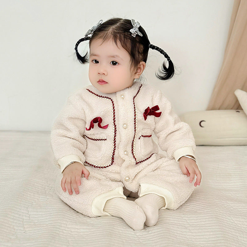 Princess Baby Fleece Romper with Bow Tie Decor