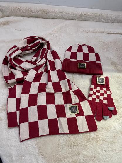 Checkered Wool Beanie Scarf Gloves 3pcs Set