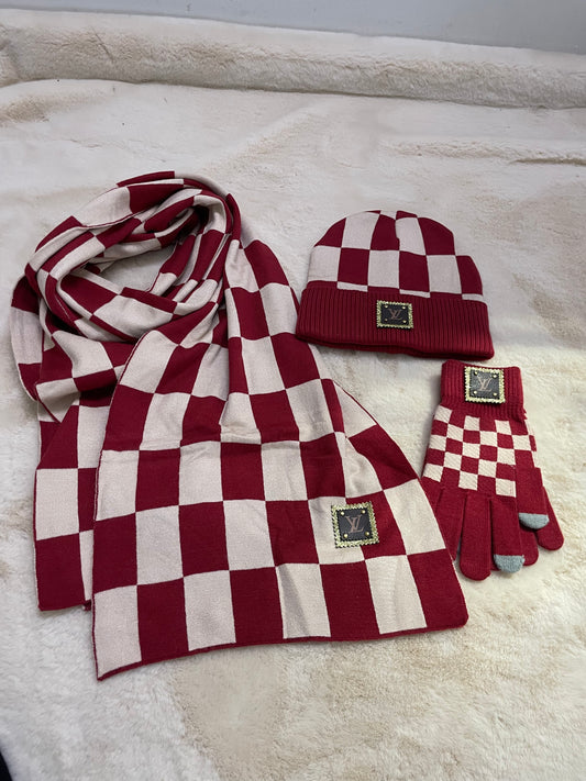 Checkered Wool Beanie Scarf Gloves 3pcs Set