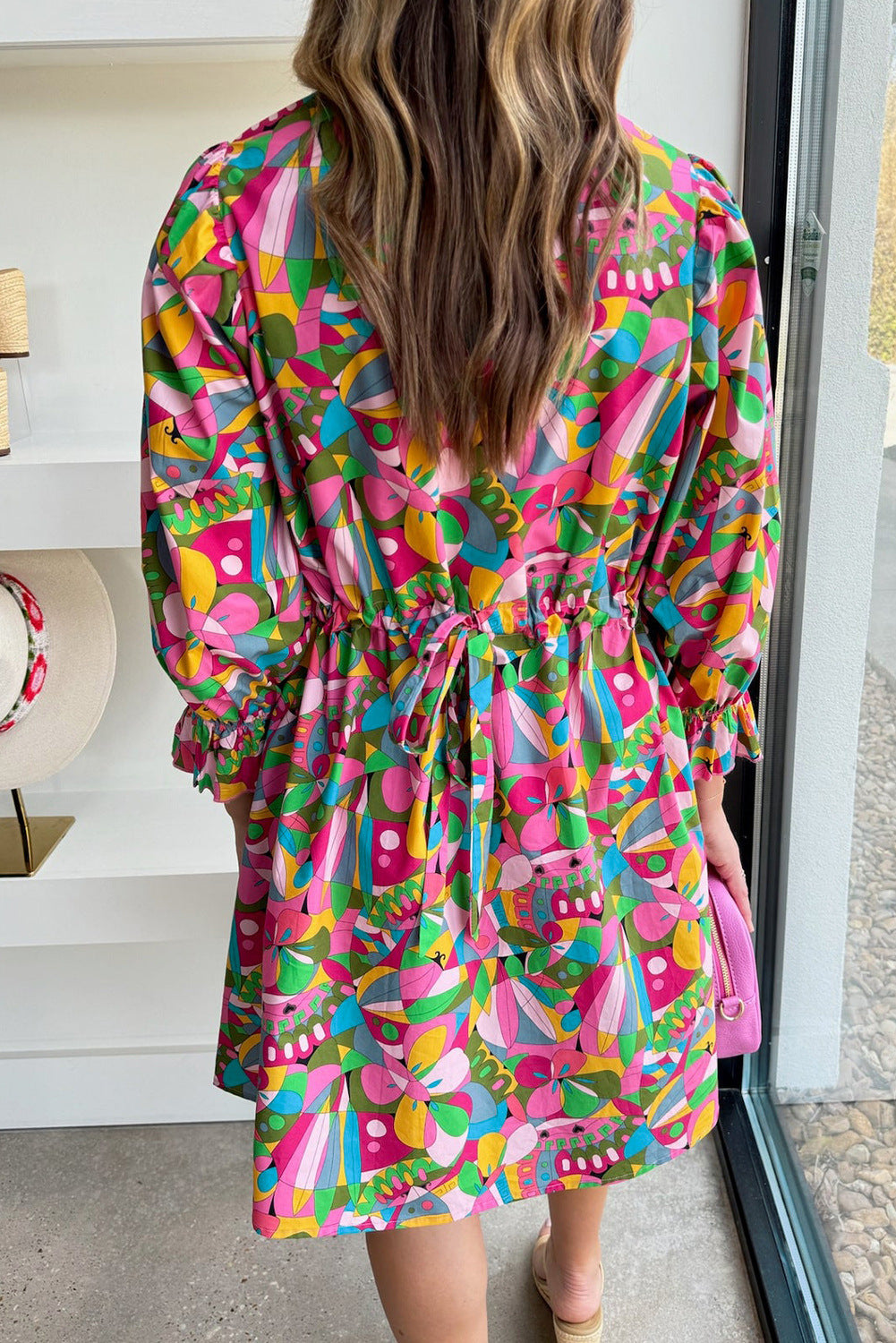 Abstract Lantern Sleeve Buttoned Mini Dress