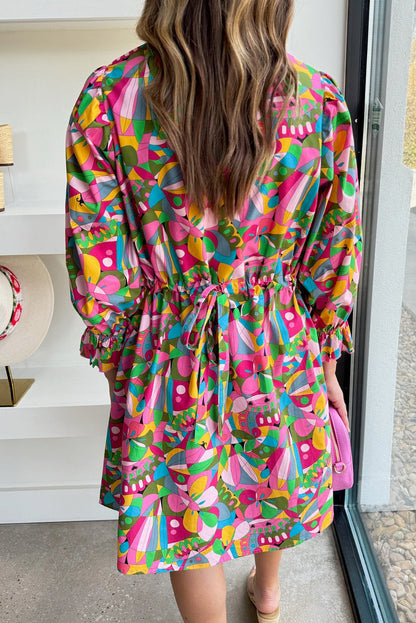 Abstract Lantern Sleeve Buttoned Mini Dress