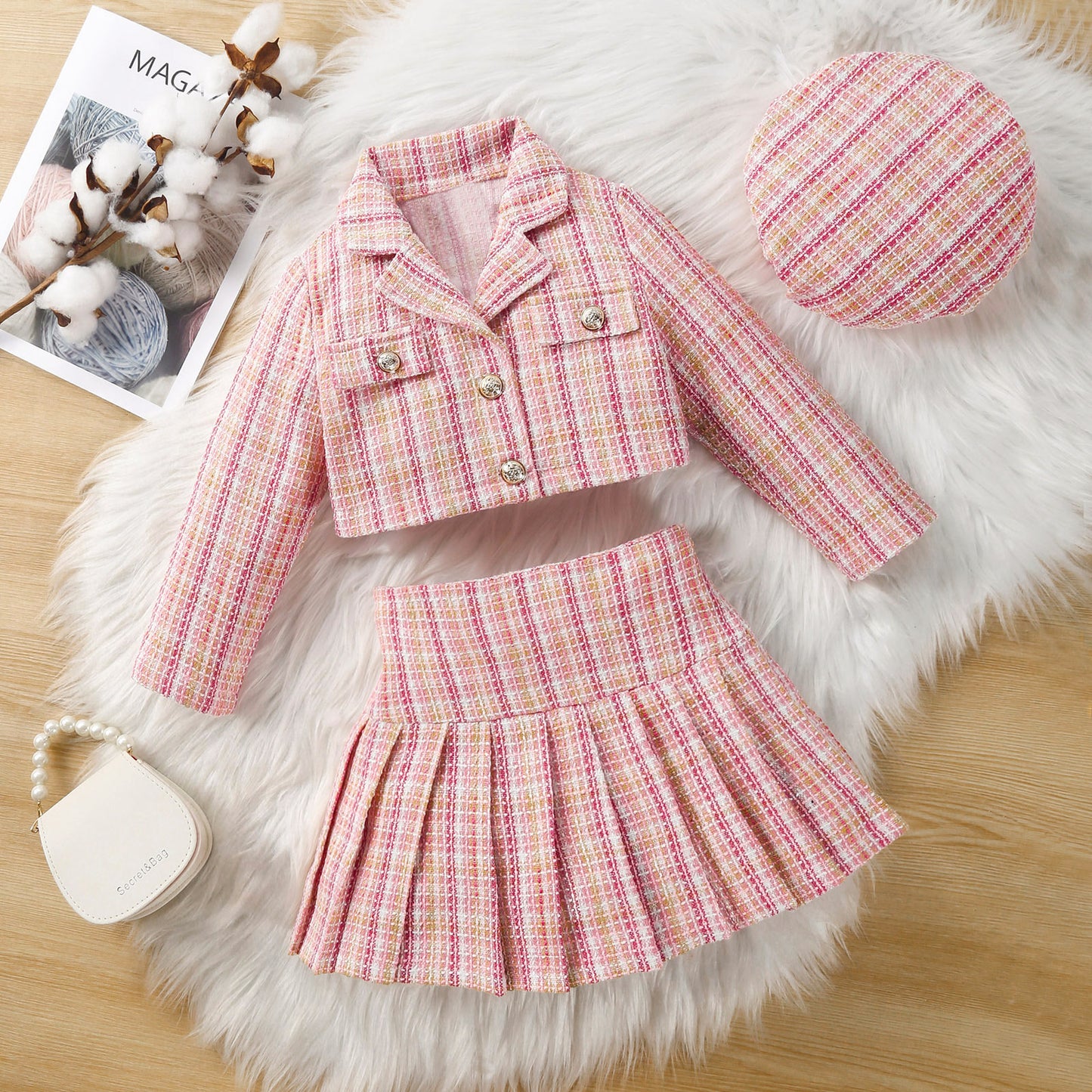 Girls Trendy Pink Tweed Jacket and Skirt Set