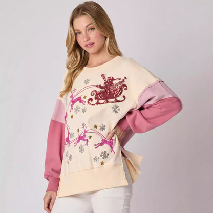 Santa Sleigh Pink Colorblock Top