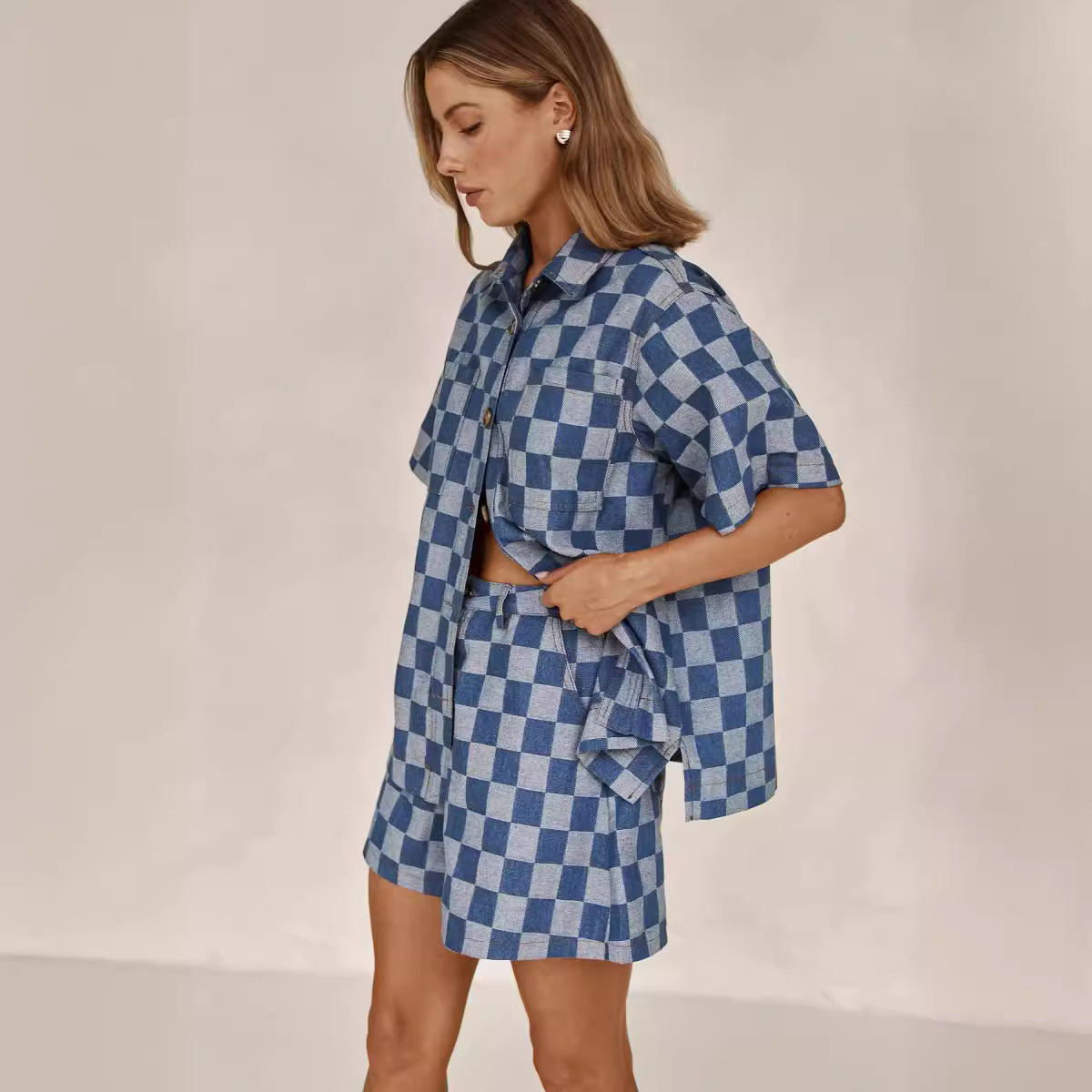 Checkered Button Up Half Sleeve Top And Shorts Set
